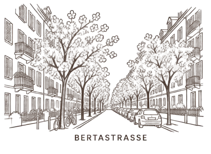 Zeichnung: die Bertastrasse mit blühenden Bäumen