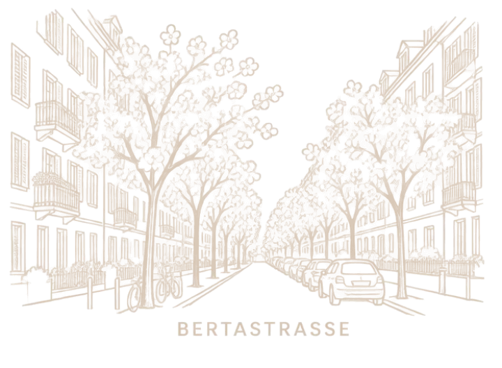 Zeichnung: die Bertastrasse mit blühenden Bäumen