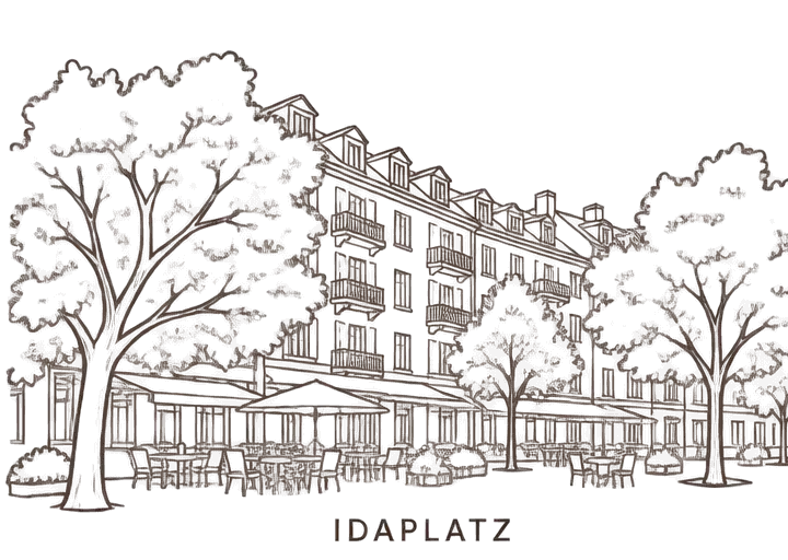 Zeichnung: Idaplatz mit Bäumen und Café-Tischen