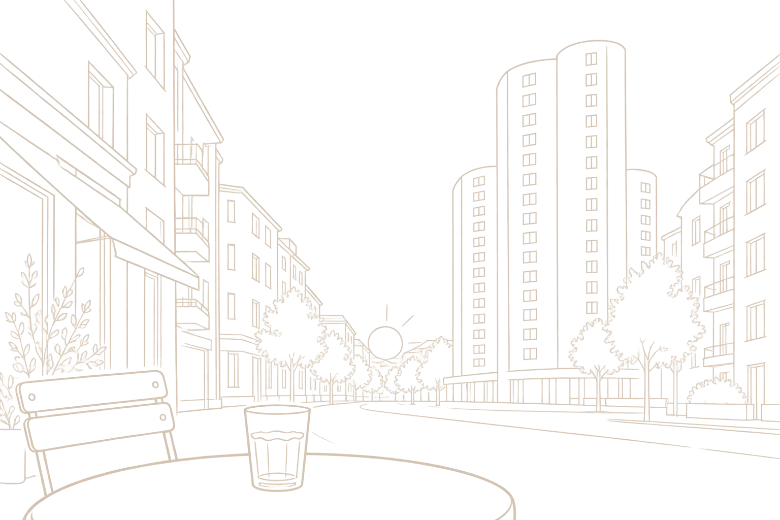 Zeichnung: ein Café-Tisch am Strassenrand, im Hintergrund die Hochhäuser beim Lochergut