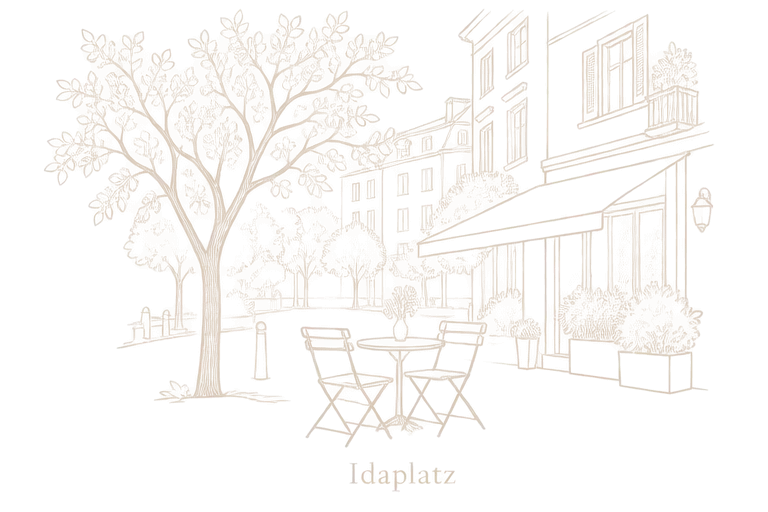 Zeichnung: Café-Tische unter einem Baum am Idaplatz