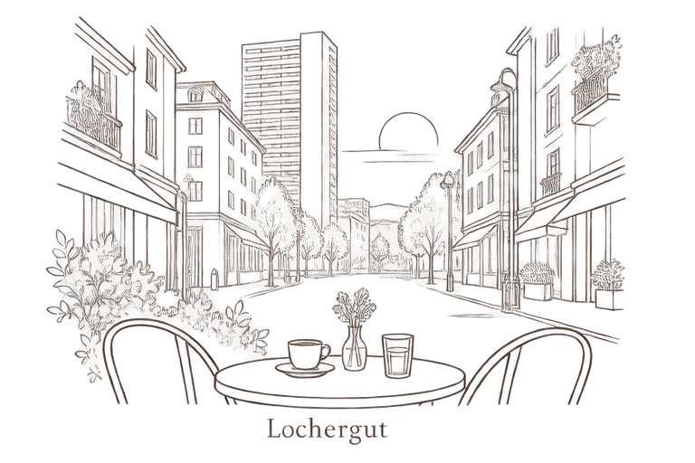 Zeichnung: ein Café-Tisch mit Blick zum Lochergut