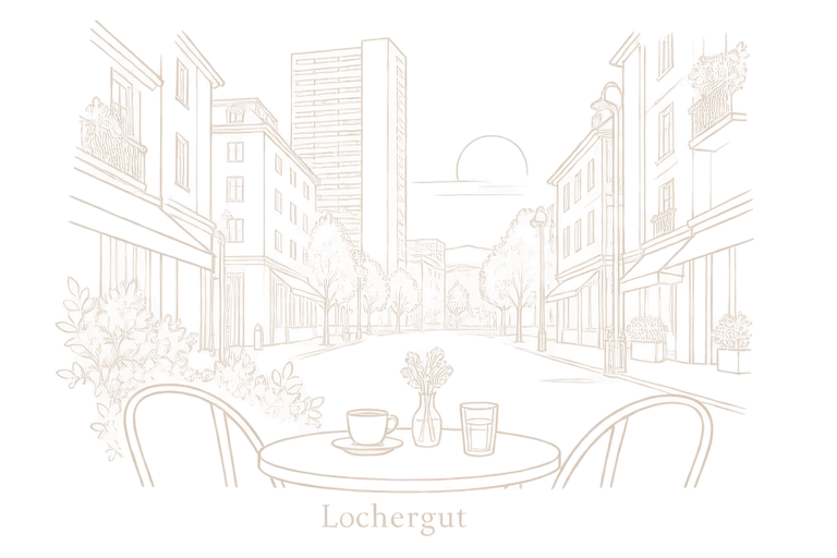 Zeichnung: ein Café-Tisch mit Blick zum Lochergut
