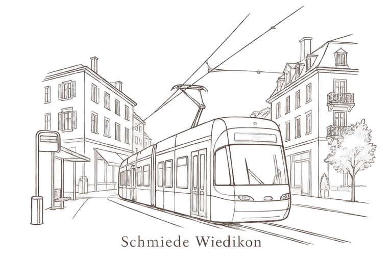 Zeichnung: ein Tram an der Haltestelle Schmiede Wiedikon