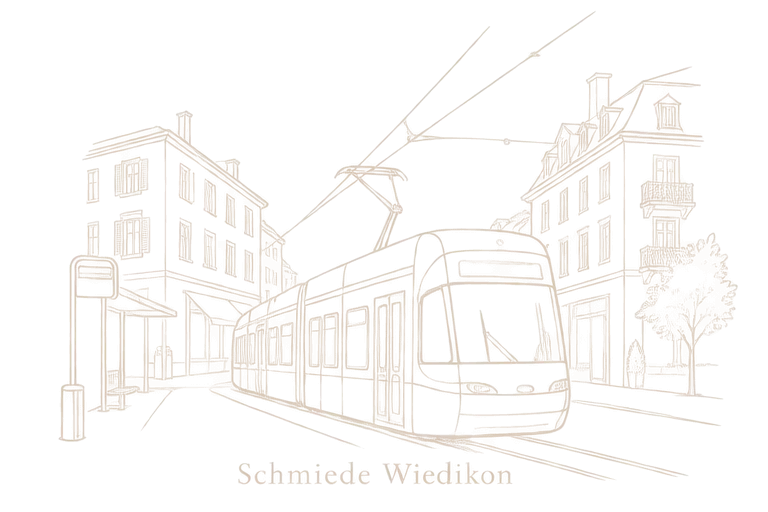 Zeichnung: ein Tram an der Haltestelle Schmiede Wiedikon