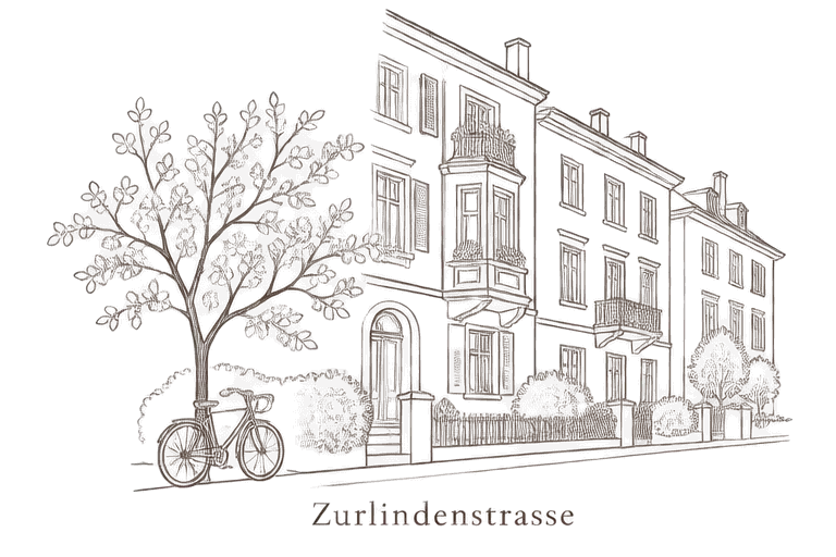 Zeichnung: Häuser und ein Velo an der Zurlindenstrasse