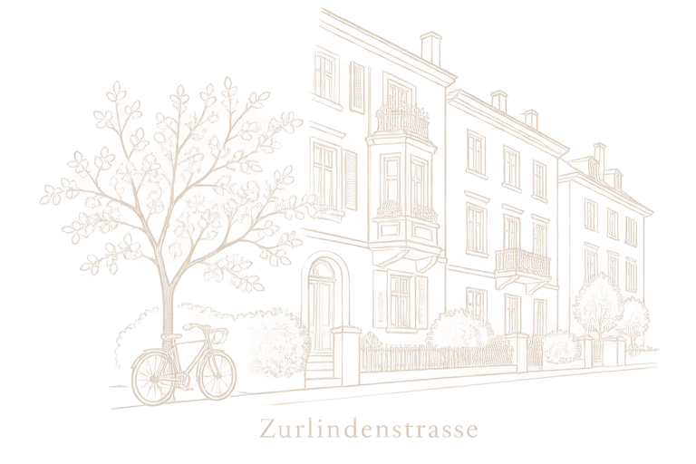 Zeichnung: Häuser und ein Velo an der Zurlindenstrasse