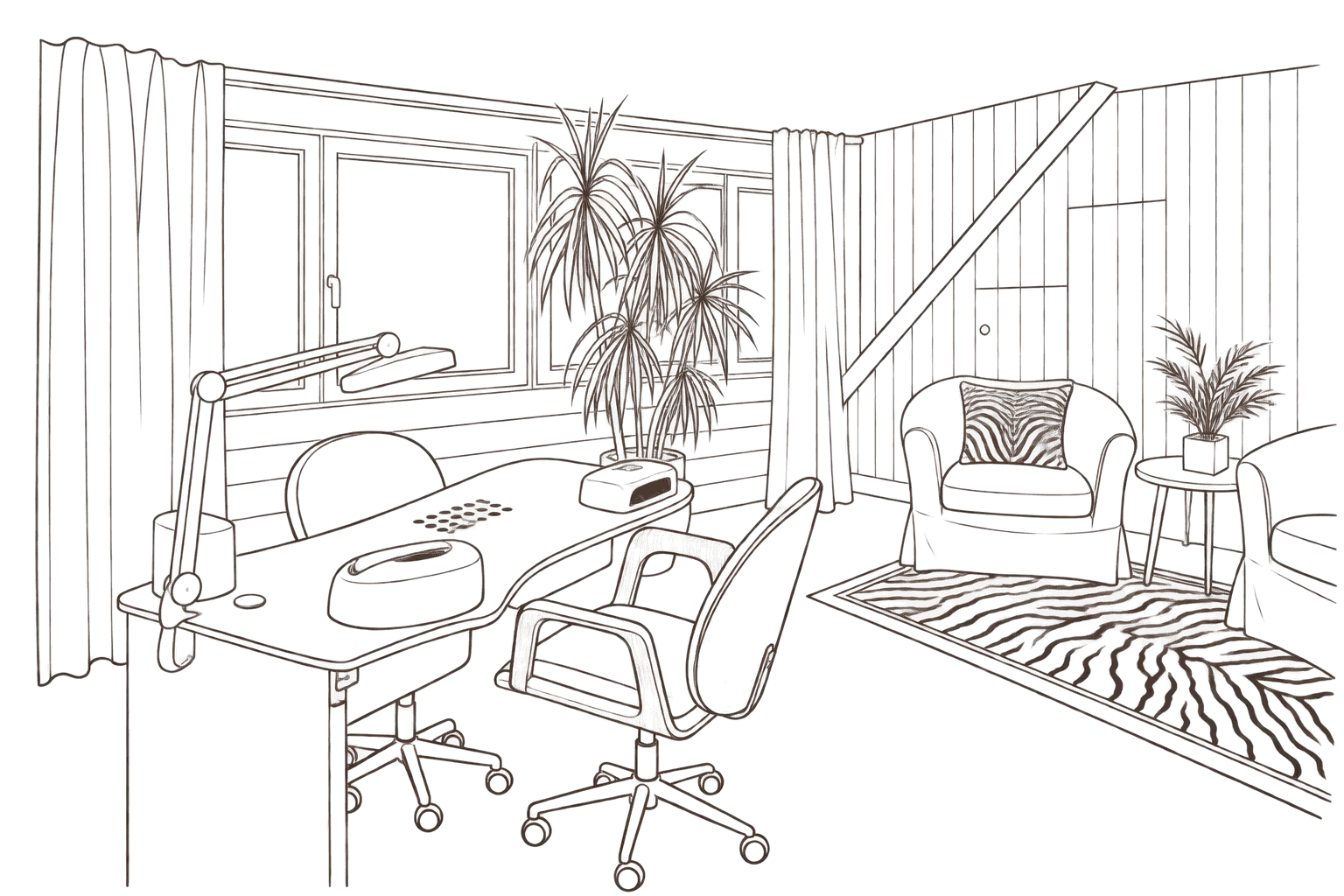 Zeichnung: der Nagelplatz im Studio mit Tisch, Lampe, zwei Stühlen, Sessel und Zebrateppich
