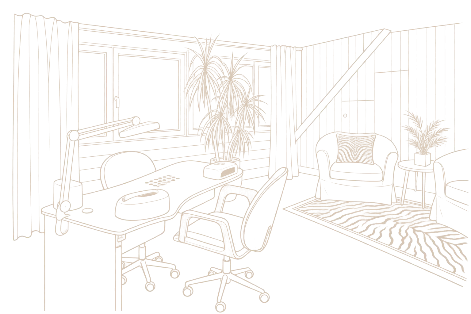 Zeichnung: der Nagelplatz im Studio mit Tisch, Lampe, zwei Stühlen, Sessel und Zebrateppich