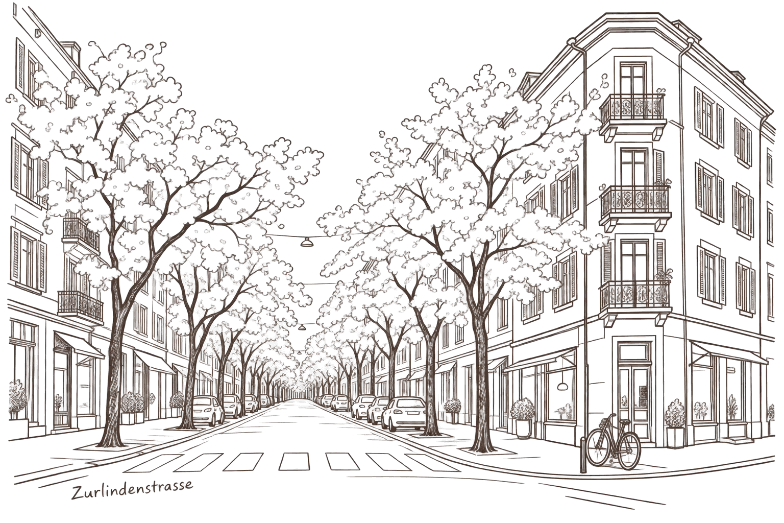 Zeichnung: die Zurlindenstrasse mit Bäumen, Fussgängerstreifen und Velo