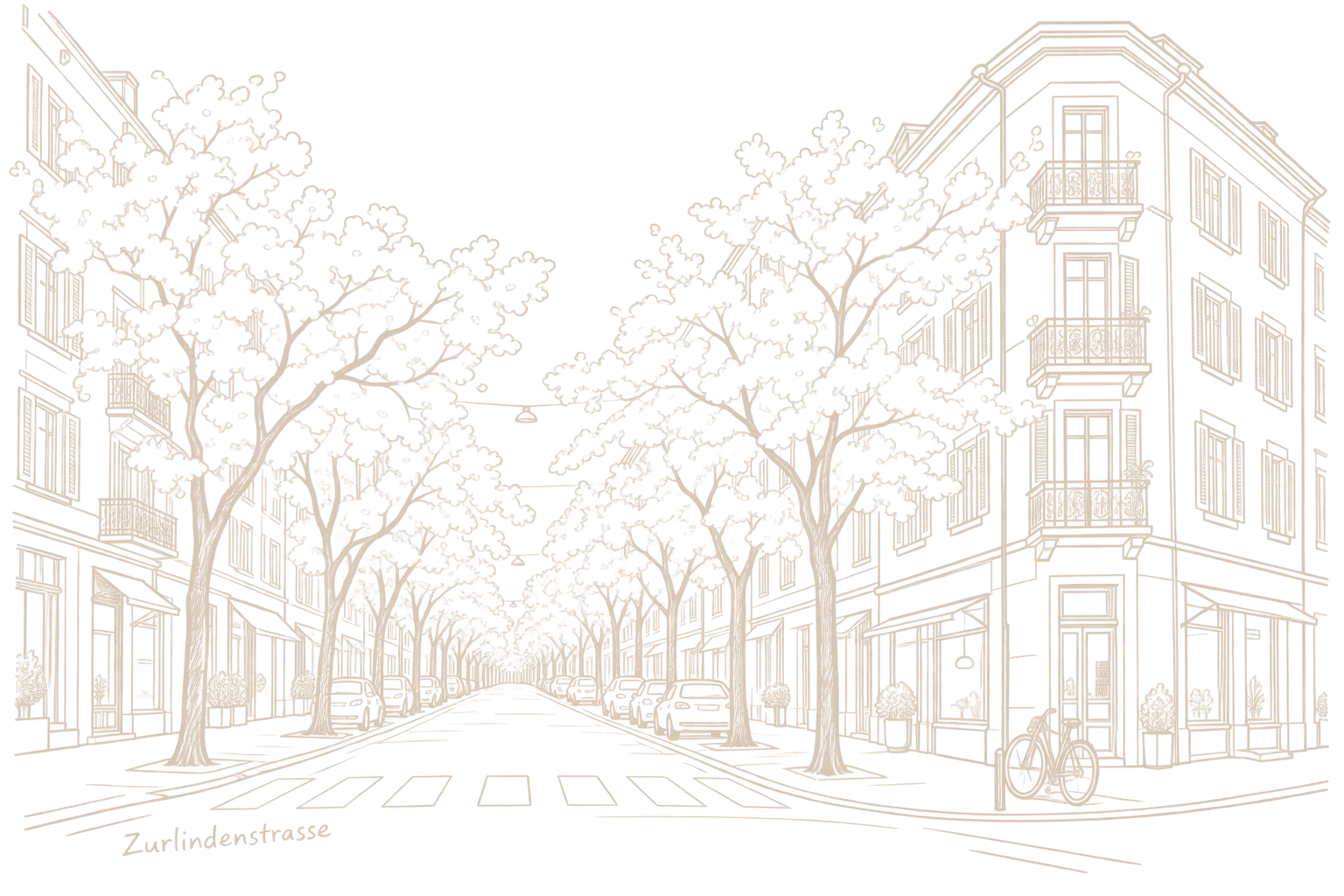 Zeichnung: die Zurlindenstrasse mit Bäumen, Fussgängerstreifen und Velo